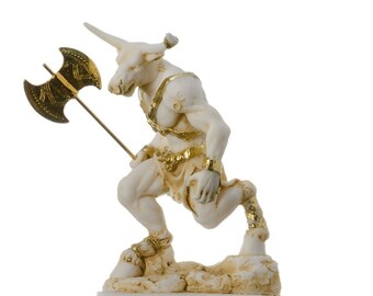 Minotaur Greek Mythology With Labrys Statue Gold Alabaster 5.9''