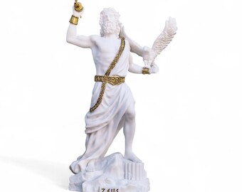BeautifulGreekStatues Zeus Greek God Jupiter Thunder  Alabaster Statue White with Gold Details 13"