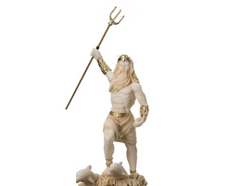 Poseidon Greek God of the Sea With Trident Statue Figurine Gold Alabaster 6.5"