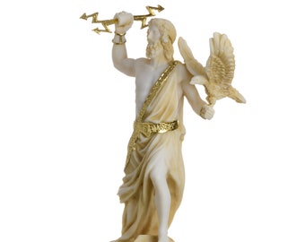 Zeus Greek God Jupiter Thunder Statue Figurine Gold Alabaster 7.08"