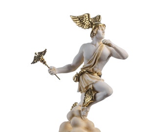 Hermes mercury god zeus son roman statue alabaster gold tone 9" 23cm