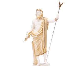 Zeus Greek God Jupiter Thunder Statue Figurine Gold Alabaster 10.03 Inches