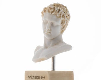 Statua di maratoneta efebo, busto di atleta maratoneta, in alabastro, base in marmo color oro, 7,5''