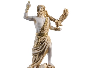 Zeus Greek God Jupiter Thunder Statue Figurine Gold Alabaster 9.25"