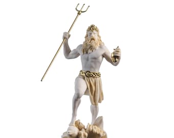 Poseidon Greek God of the Sea  With Trident Statue Figurine Gold Alabaster 9.05"