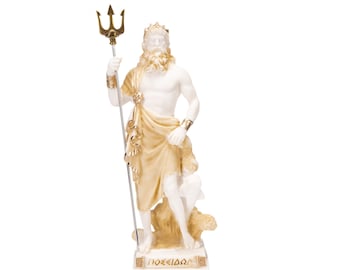 Poseidon Greek God of The Sea with Trident Statue Figurine Gold Alabaster 10.03 Inches