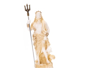 Poseidon Greek God of The Sea with Trident Statue Figurine Gold Alabaster 7 Inches