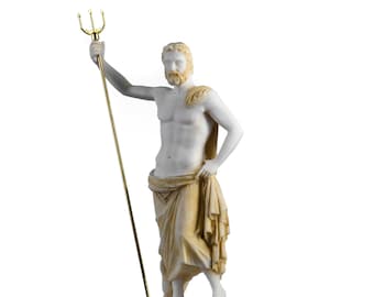 Poseidon Greek God of the Sea  With Trident Statue Figurine Gold Alabaster 10.2"