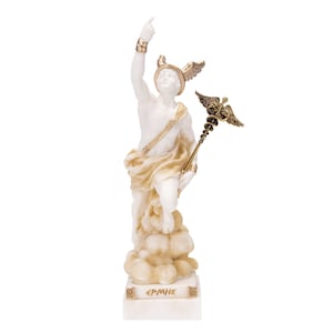Hermes Merkurgott Zeus Sohn Römer Statue Alabaster Goldton 25 cm