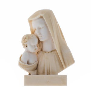 Virgin Mary Mother of Jesus Madonna Holding Baby Statue Alabaster Bust Gold Tone 5.32&#39;&#39;
