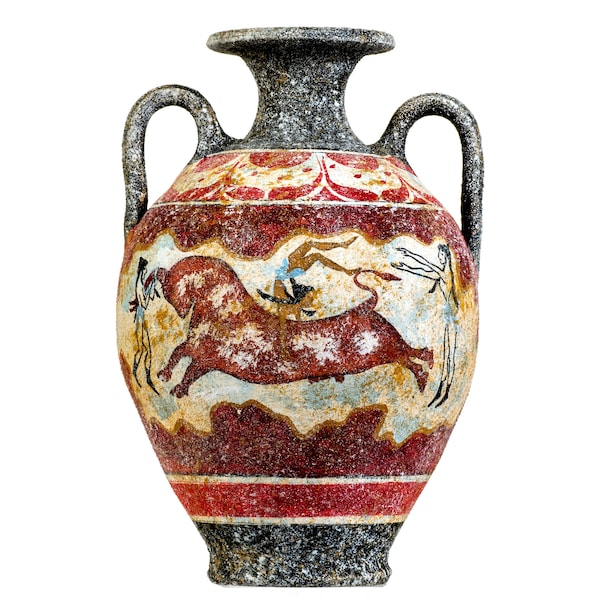 Ancienne amphore minoenne grecque faite à la main vase en poterie en céramique avec fresque murale bondissant de taureau