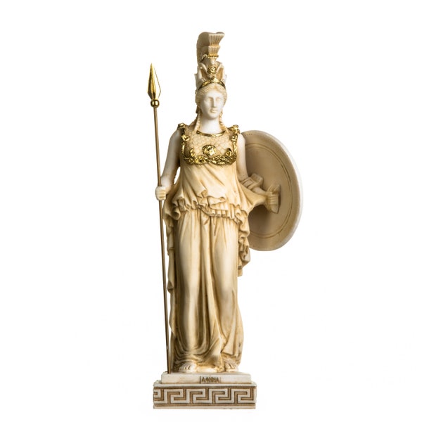 Athena Athene mit Schild Göttin der Weisheit, Kunsthandwerk, und Krieg Alabaster Statue Gold ton 18,5 Zoll