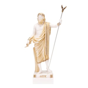 Zeus Greek God Jupiter Thunder Statue Figurine Gold Alabaster 10.03 Inches