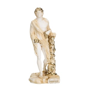 Dionisio Estatua Baco Dios griego del vino Cosecha de uva Escultura de alabastro Oro 12.9 pulgadas
