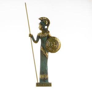 Athena w/javelin goddess of wisdom, handicraft, and war handmade solid bronze 7.6&quot;