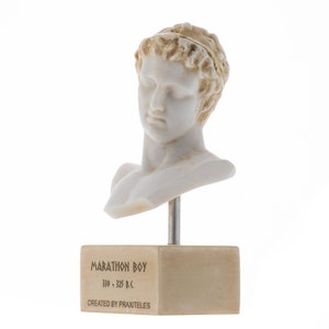 Marathon boy ephebe of marathon athlete alabaster statue bust gold tone marble base 7.5&#39;&#39;