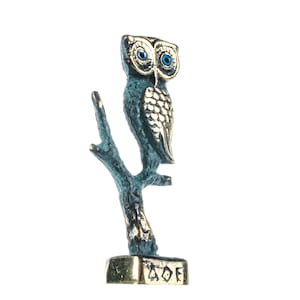 Owl of athens wisdom solid bronze ancient greek sculpture handmade green-gold 4.2 inches