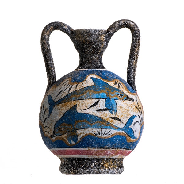Ancient Greek Minoan Amphora Fresco Dolphins Mural Handmade Ceramic Pottery Vase Small