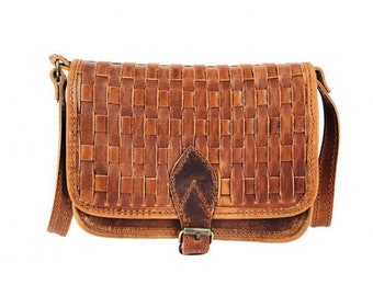 Sac à bandoulière en cuir tissé Natural Tan Beige vintage Brown Handmade Cross Body Braided Stitch Saddle Handbag Purse