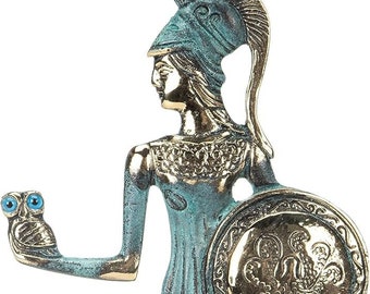 Diosa Atenea con Búho y Escudo, Bronce Macizo Hecho a Mano, 10,03 Pulgadas