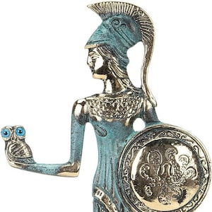 Goddess Athena with Owl and Shield Handmade Solid Bronze 10.03 Inches