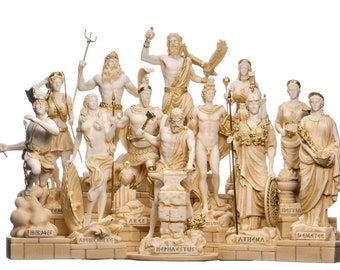 Set All The 12 Olympian Gods of Mount Olympus Gold Tone Alabaster Large