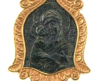 Orthodox Icon Pendant Mother Of Jesus Christ Sterling Silver Gold Plated 1.37"