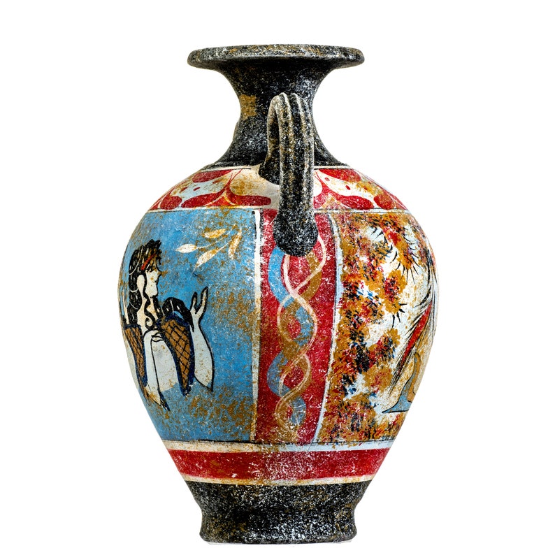 Ancient Greek Minoan Amphora Handmade Ceramic Pottery Vase With Fresco Mural Ladies in Blue