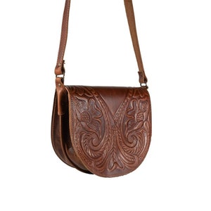 Umhängetasche aus Leder mit Prägung Blumen Design Umhängetasche natürlich beige schwarz braun Vintage Sattel Handtasche Handtasche