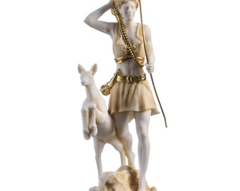Goddess artemis diana greek statue nature moon gold tone alabaster 8.85"