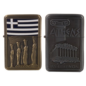 Set of Oil Petrol Lighters Parthenon Caryatid Athens Ancient Greece Souvenir