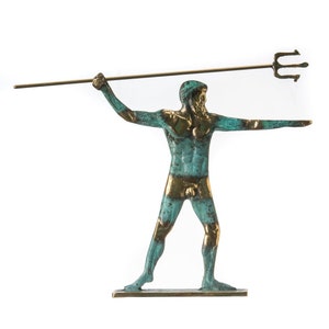 Poseidón dios griego del mar con estatua de tridente hecha a mano de bronce macizo 7.4&quot;
