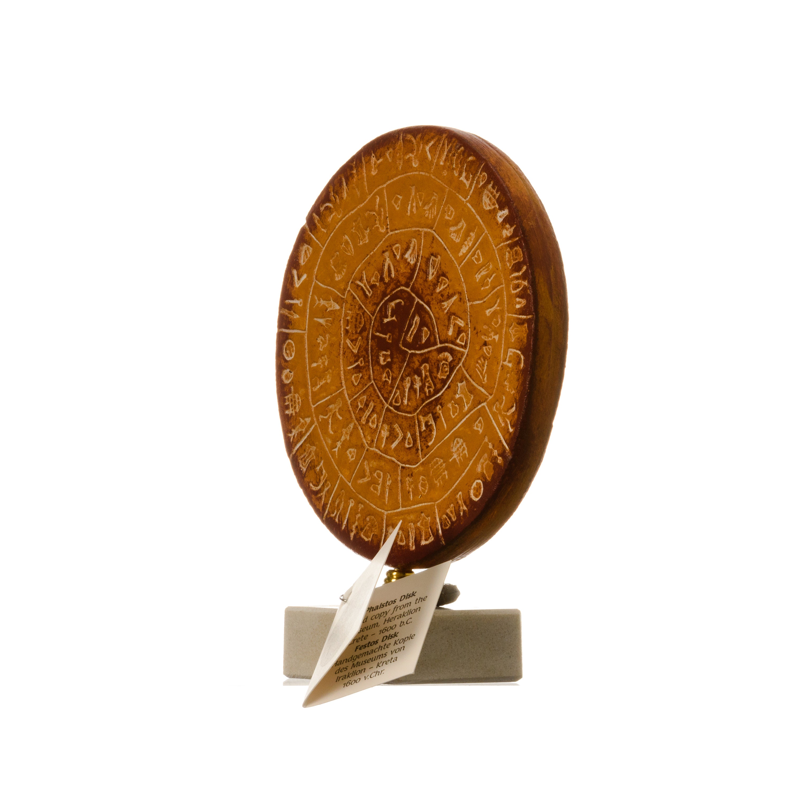 ミノア文明のファイストス円盤、焼成粘土、手作り、ギリシャ美術館