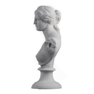 May include: White plaster bust sculpture of a woman with her hair pulled back. The bust is on a white pedestal.