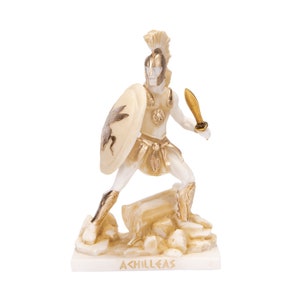 Achilles Statue Greek Warrior of Trojan War Sculpture Figure Alabaster Gold Tone 7.8 Inches