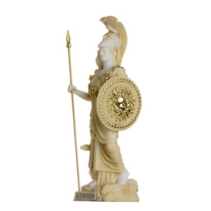 Athena with owl medusa shield goddess of wisdom, handicraft, and war alabaster statue gold 6.69&quot;