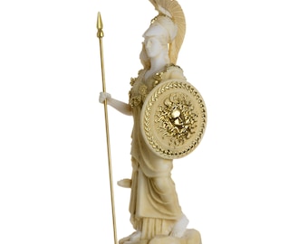Athena with owl medusa shield goddess of wisdom, handicraft, and war alabaster statue gold 6.69"