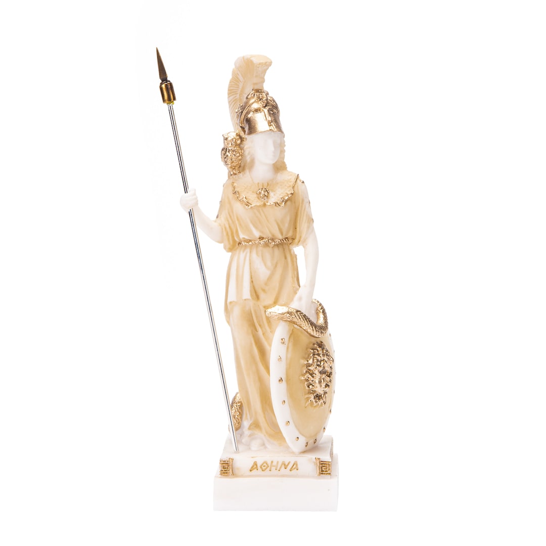 Alabaster Statue Der Göttin Athene Mit Eule & Medusa-Schild – 17 Cm Hoch, Handbemalt, Aus Griechenland