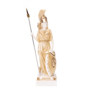 Athene Mit Eule Medusa Hält Schild Griechische Göttin Alabaster Statue Gold 18,5 cm