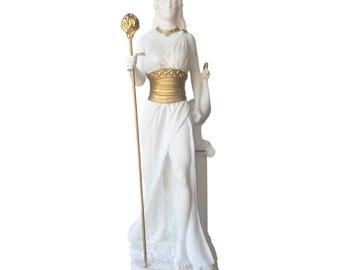 Hera goddess of marriage, women, childbirth, and family alabaster white with gold details 13"