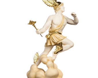 Hermes mercury god zeus son roman statue alabaster gold tone 13"