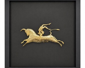 Bull Leaping Minoan Replica – Gold Plated Bronze Wall Art in Wooden Frame with Glass – Ancient Greek Crete Artifact – Gift Box Included