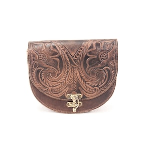 Bolso bandolera de cuero en relieve hecho a mano pirografía floral diseño beige marrón negro burdeos cuerpo cruzado bolso de mano vintage alforja bolso de mano