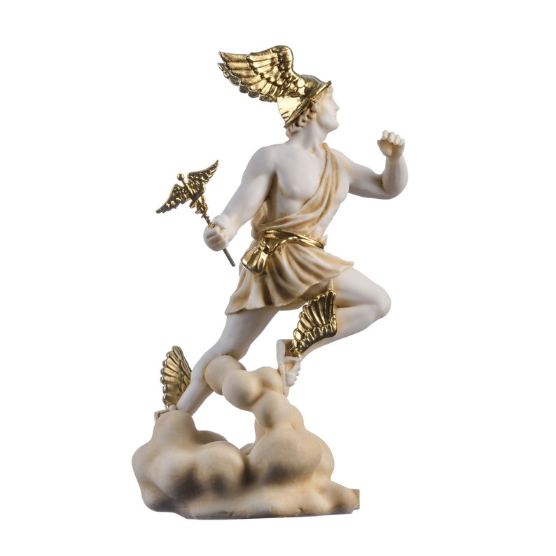 Hermes mercury god zeus son roman statue alabaster gold tone 9" 23cm image 8