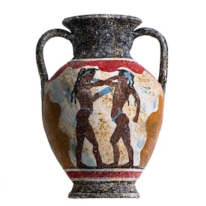 Puede incluir: Una ánfora de cerámica marrón y negra con un diseño pintado en rojo y blanco de dos figuras luchando. Las figuras están pintadas en marrón, negro y azul.
