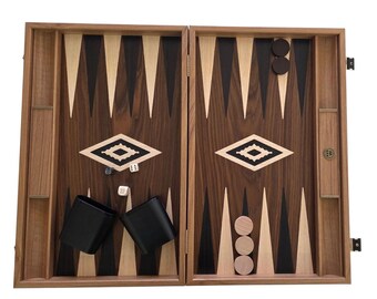 Handcrafted American Walnut Backgammon Set with Side Racks - Elegant Marquetry Design