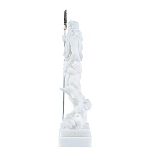 May include: White marble statue of Poseidon, the Greek god of the sea, holding a trident. He stands on a base with a Greek key design. The statue is about 12 inches tall.