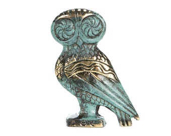 Owl of Athena Wisdom Bronze sculpture Ancient Greek Green-Gold Handmade 9 cm 3.54 Inches