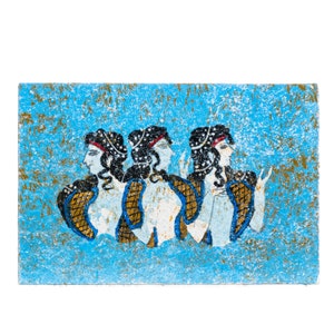 Ancient greek minoan wall painting ladies in blue small handmade decoration gift 4 inches