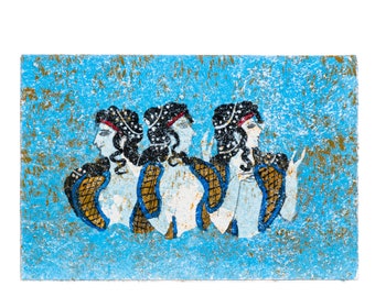 Antico greco minoico pittura murale signore in blu piccola decorazione fatta a mano regalo 4 pollici